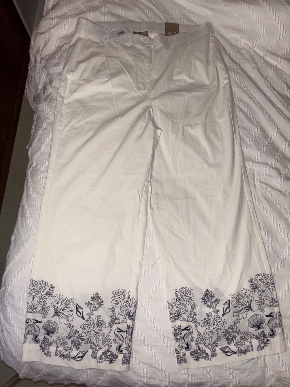 Chico's White Wide-Leg Pants with Navy Botanical Hem